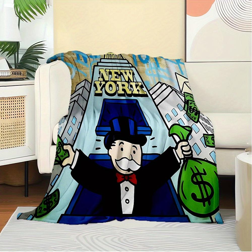 1pc Mr. Monopoly,New York,Money Digital Print Flannel Blanket - Contemporary Style, Suitable for All Seasons, Perfect for Home, Travel, or C