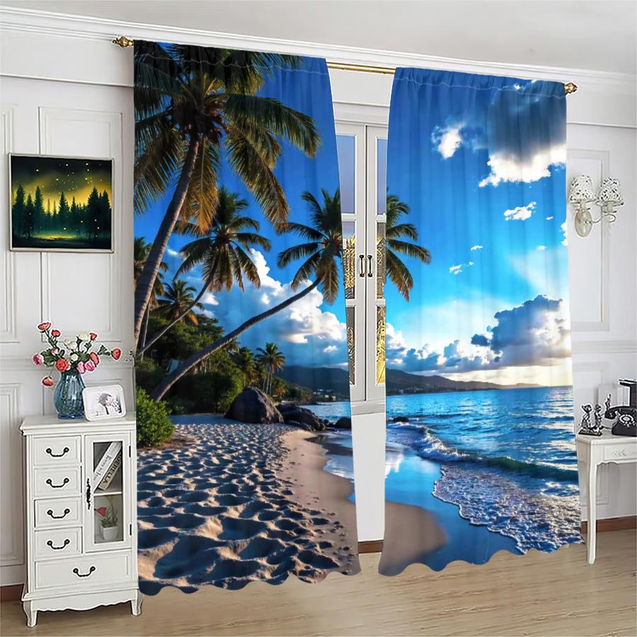 Blue sky and beach pattern printed curtains, pole bag curtains, Christmas decorations, daily home decorations, room decorations