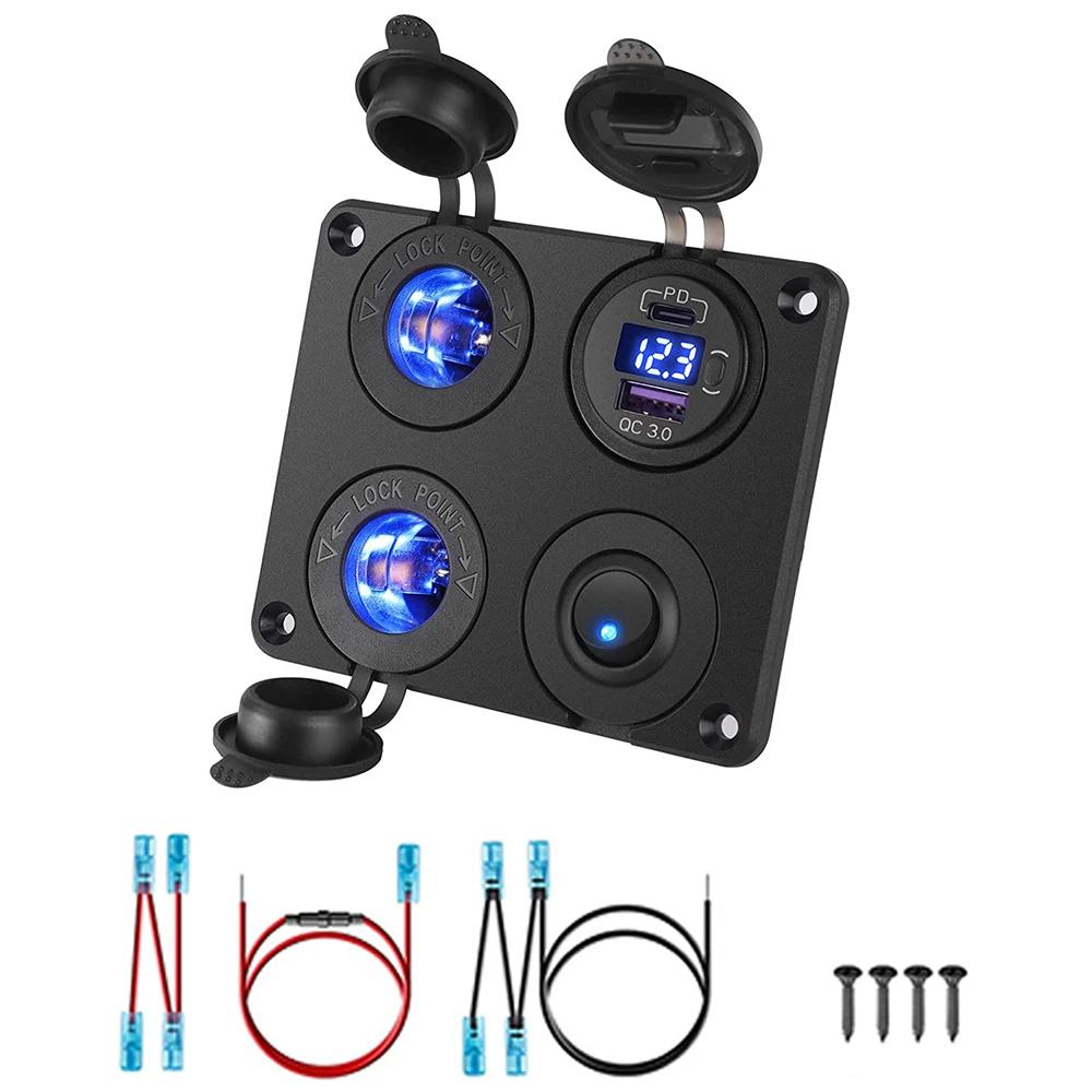 

4 в 1 панель QC 3.0 PD USB автомобильное зарядное устройство со светодиодным вольтметром гнездо прикуривателя тумблерный переключатель для морского грузовика автофургона синий