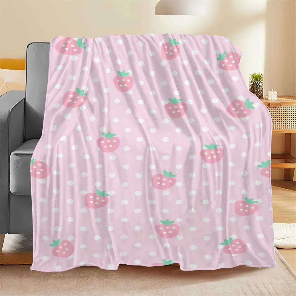 1Pc  Pink Strawberry Polka Dot Flannel Throw Blanket Soft Cozy Cute Kawaii Blanket For Bedroom Living Room Dorm Decor