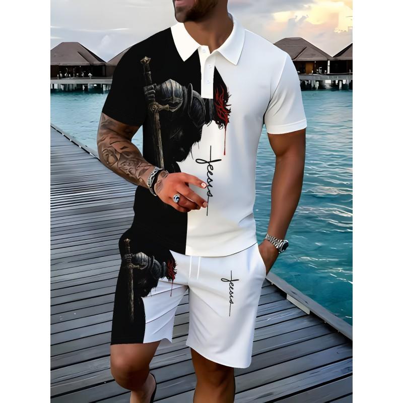 Mens Casual Loose Fit Polo Shirt With 3D Digital Print Short Sleeve Asymmetrical Design Wear