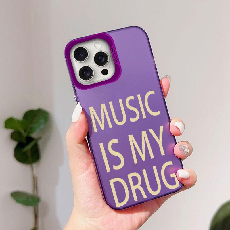 Black MUSIC IS MY DRUG Luck Print Phone Case For iPhone 16 Pro Max 15 14 13 12 11 XS 8 7 Plus SE 2022 Shockproof Back TPU Cover