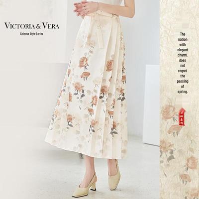 New Chinese Style Rose Print Horse-Face Midi Skirt