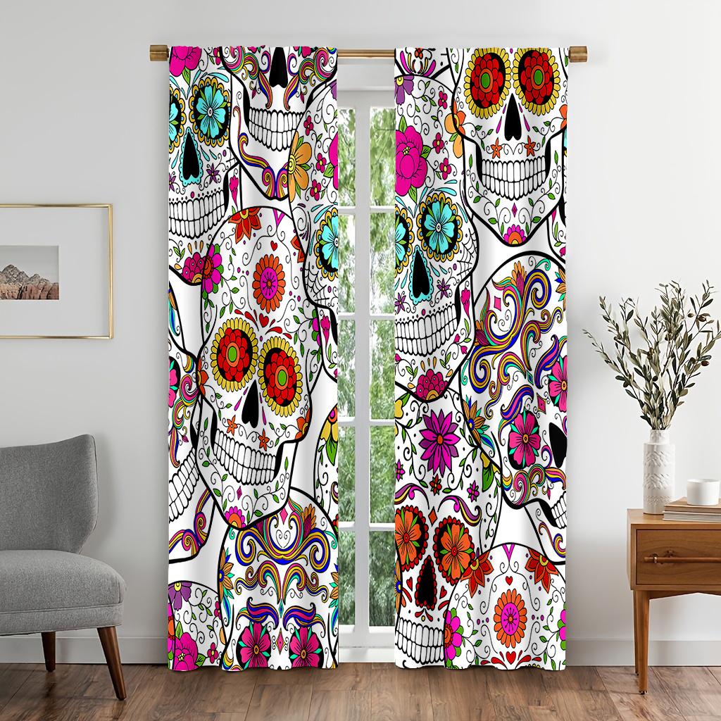 2PCS Digital Print Curtains, Halloween Skull, Halloween Door Decor