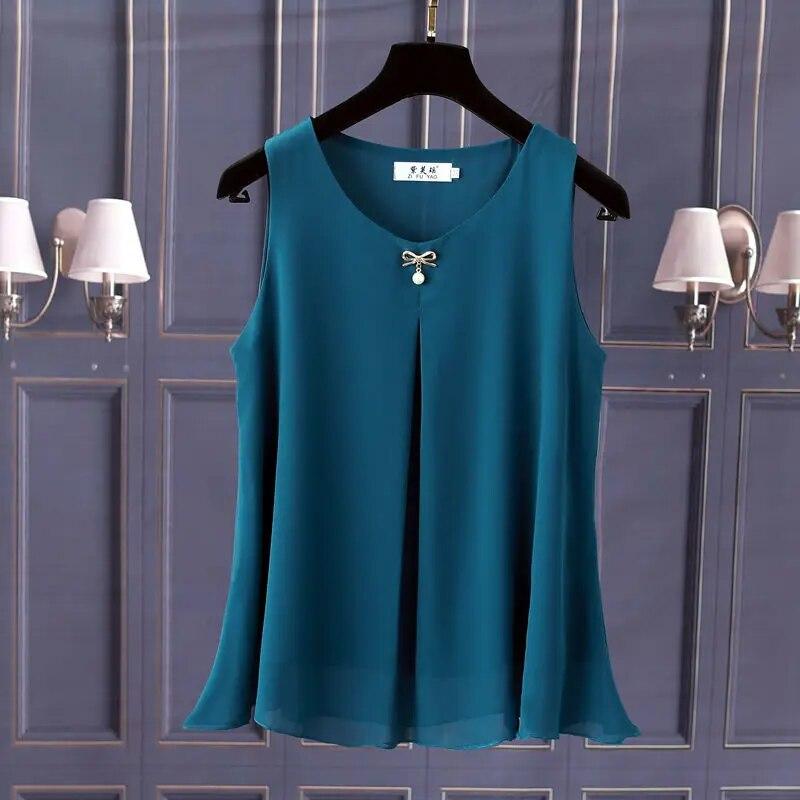 Women Chiffon Shirt Summer Sleeveless O-neck Blouse Casual Solid White/Red Loose Oversized Female Tops