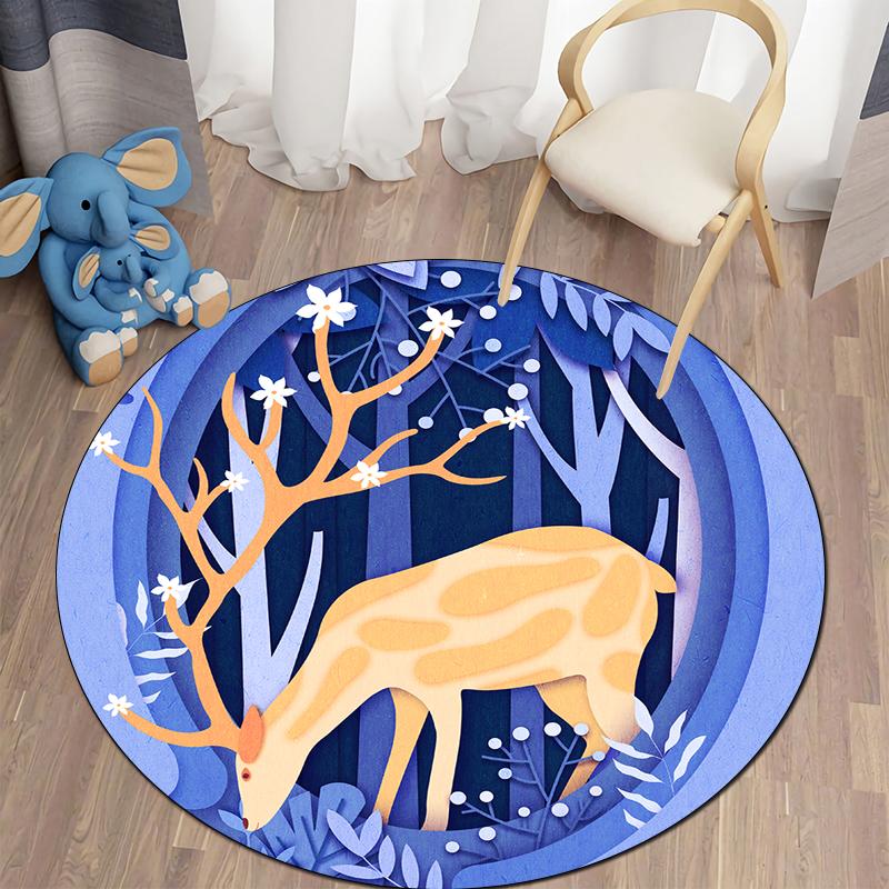 Floor Mat Living Room Rug Children's Crawling Play Area Mat Anime Carpet Door Mat Forest Fawn Round Rug
