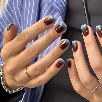 24PCS Maillard Short Square Press On Falsenails Autumn Winter Simple Blue Gradient French Fake Nails Glossy Brown Ins Manicure