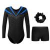 Girls Long Sleeve V Neck Rhinestones Contrast Color Leotard Waistband Shorts Hairband Dance Set
