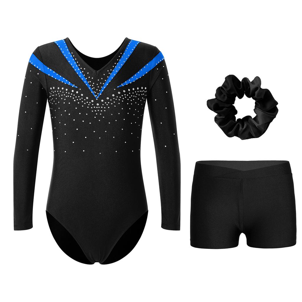 Girls Long Sleeve V Neck Rhinestones Contrast Color Leotard Waistband Shorts Hairband Dance Set