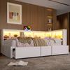 Metall-Tagesbett, 90 x 200 cm, mit Ausziehbett, Aufbewahrungsschränken, LED-Beleuchtung und USB-Anschlüssen, Weiß