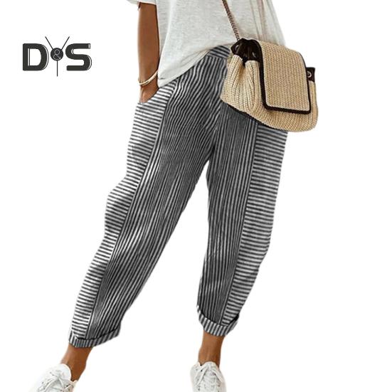 Damen Freizeithose Elastische Taille Mittelhohe Sommer-Jacquard-Lange Hose mit Taschen Streifenmuster Locker sitzende Hose
