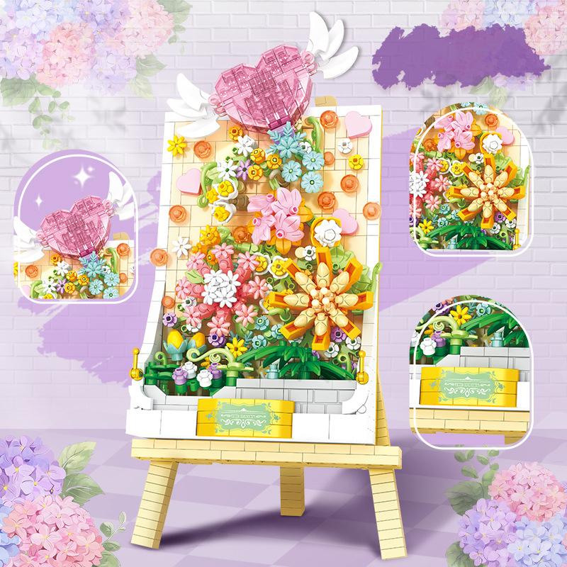 Construction Idea Art Flower 3D Painting Micro Diamond Bricks With Easel Building Block Assemble Toys With Light For Girls Gifts