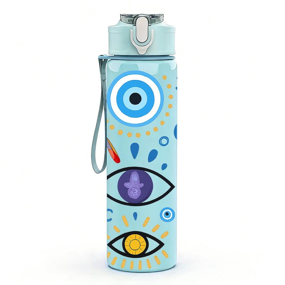 1PC Evil Eye Pattern Art 750ml Color Plastic Sports Water Bottle Leakproof Flip Straw Lid Suitable for Sports Office Home Use