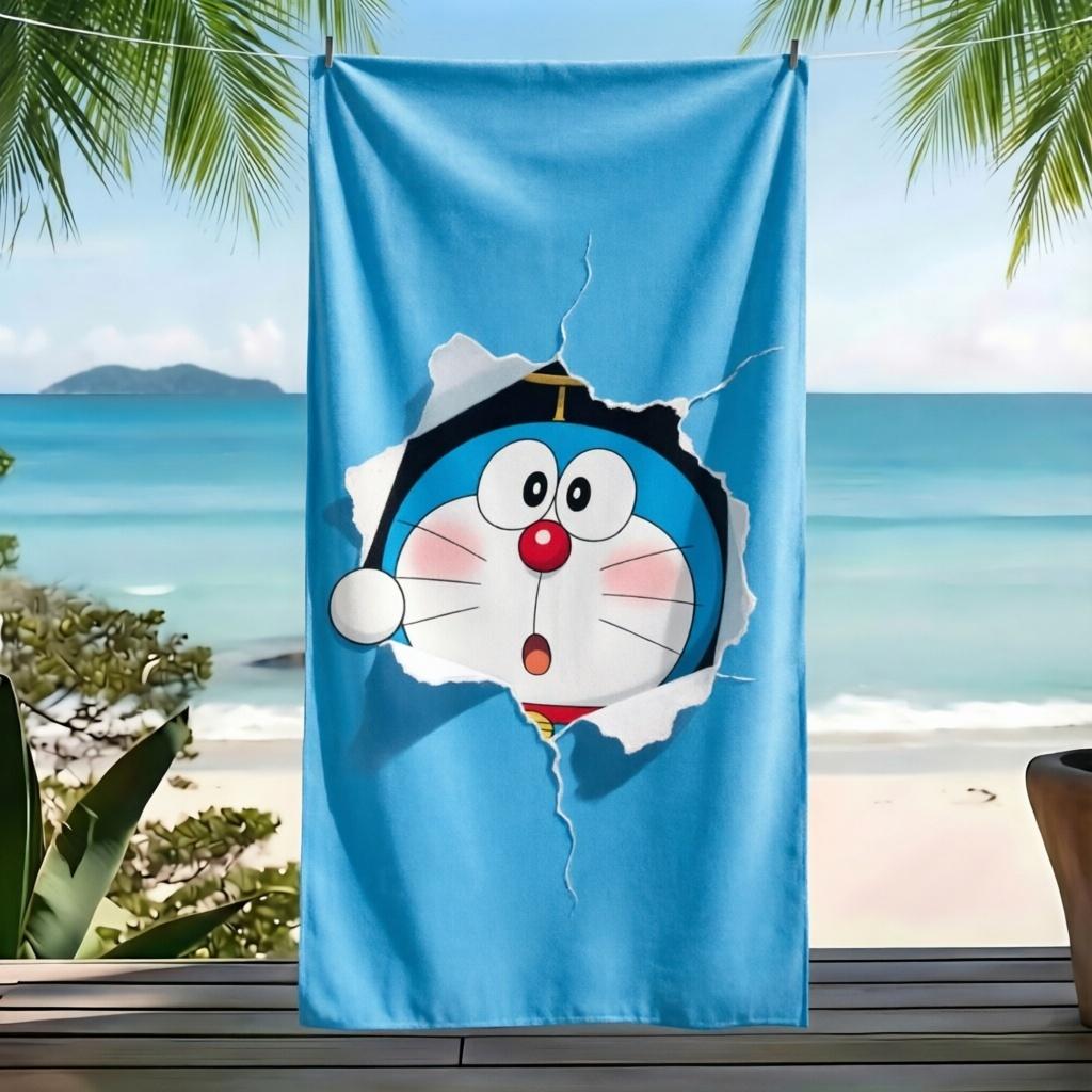 Doraemon Microfiber Beach Towel Robot Cat Peeking Paper Hole Blue Solid Background Print Quick Dry Sand Free Kids Anime Lovers