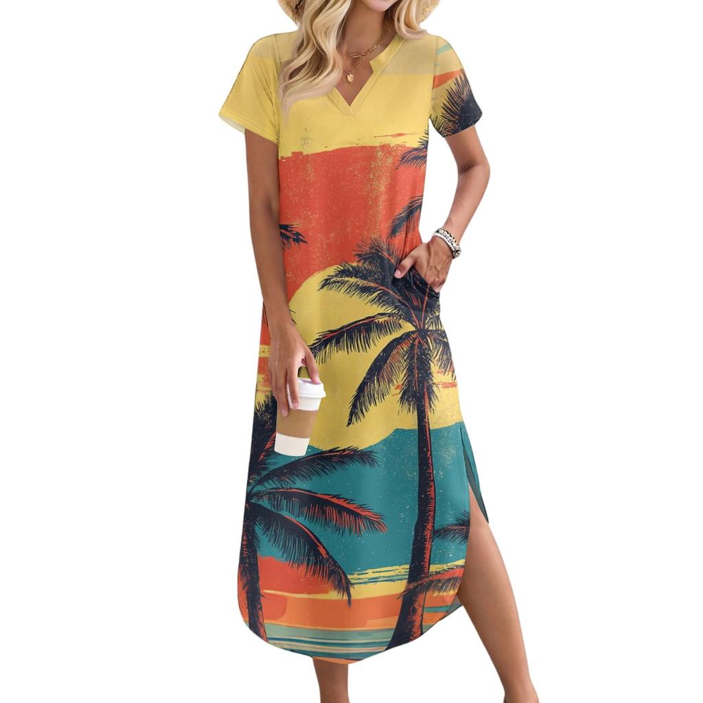 Women's Casual Comfortable V-Neck Loose Hem Split Vacation Short Sleeve Beach Long Dresses