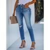 Women's Elastic High Waist Denim Slim Pants Breathable Vintage Print Casual Style for All Seasons with Hole Decoration