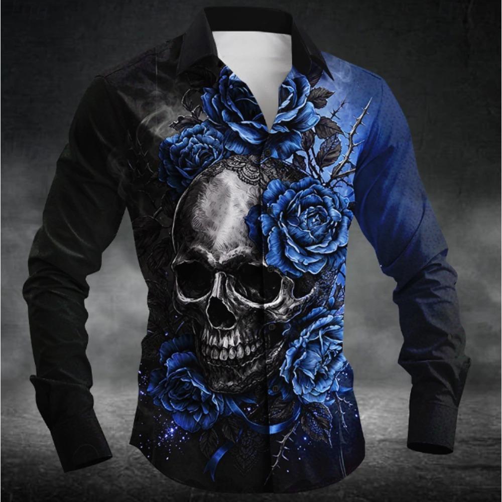 Men's Halloween Skeleton Printed Long Sleeve Shirts Casual Cardigan New Button Holiday Fashion Shirts