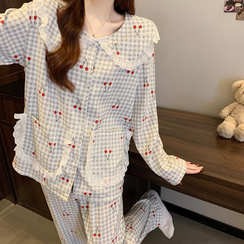 Women's Sweet Cherry Pajamas - Spring Long Sleeve Cloud Cotton Set