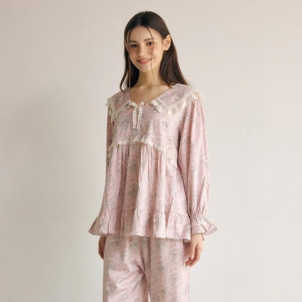 Lunaluz Women S Modal Cotton Lace Collar Long Sleeve Two Piece Pajama Pink/free