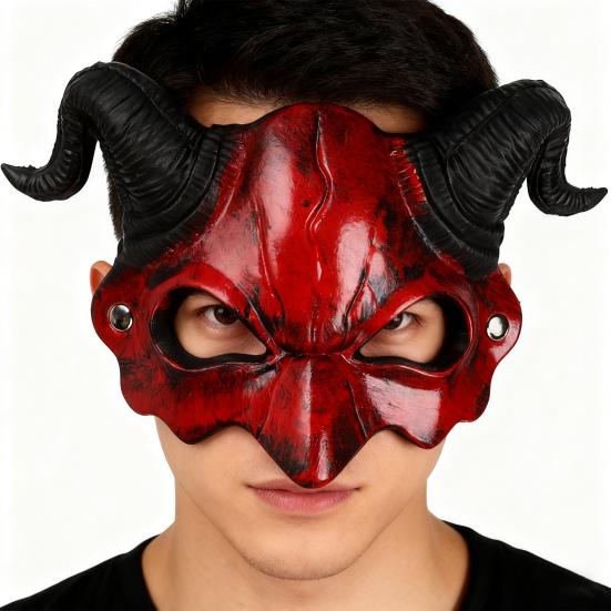 Démonická poloviční maska Realistická červená satanská kozí maska s nastavitelným popruhem Halloweenský cosplay party kostým
