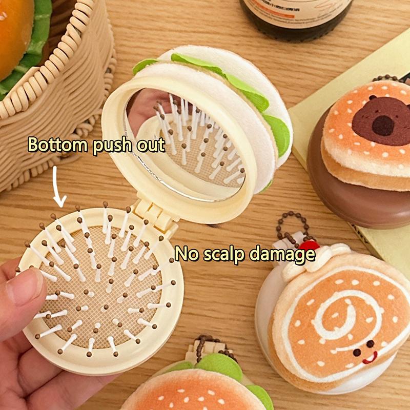 Capybara Fold Air Cushion Comb W/Mirror Plush Hamburger Doll Pendant Massage Hair Brush Hairdressing Tool Girls Gift