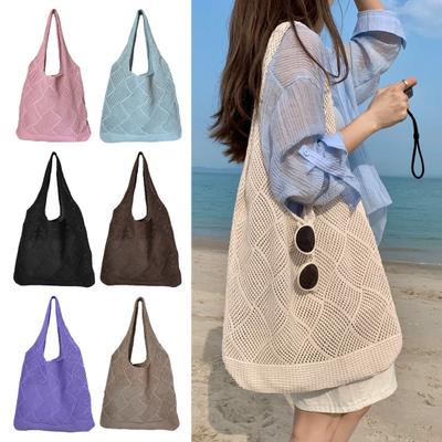 Women Knitted Shoulder Bag Large Capacity Casual Tote Bag Solid Color Hollow