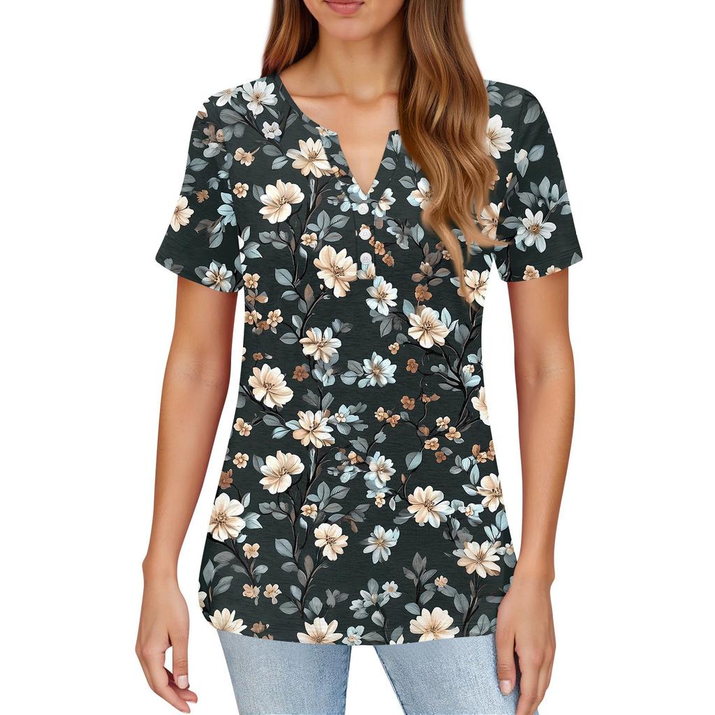 Women's T Shirt Print Button Short Sleeve Daily Weekend Fashion Basic V- Neck Regular Top