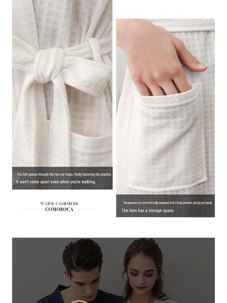 Waffle Pattern Bathrobe Couple Pajamas, Unisex Summer Three-Quarter Sleeve, Korean Style, Polyester & Absorbent.
