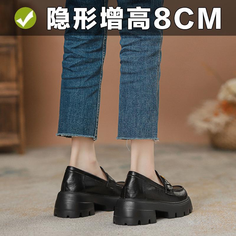 British small leather shoes women's spring and autumn new black platform retro student camellia inner height increase women