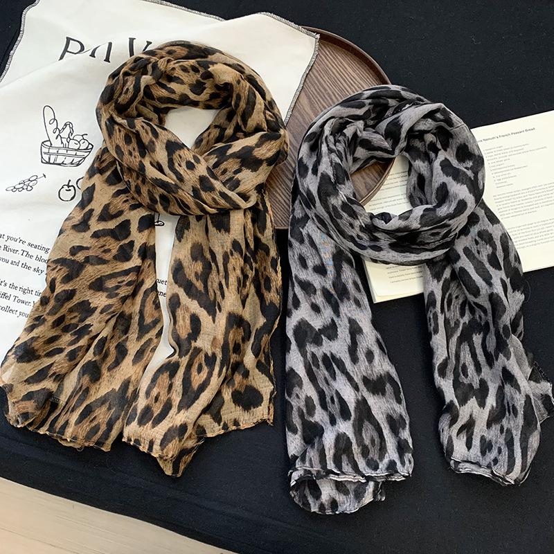 Retro Coffee Leopard Print Silk Scarf Neck Women's Thin Silk Scarf Long Strip High-end Scarf Shawl
