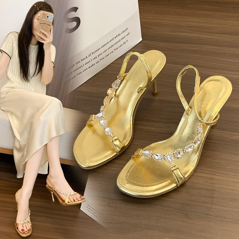 Fashion Summer New Square Head Gold Gem Rhinestone High Heels Women's Thin Heels Sexy Dating Word with Sandals Heels Women