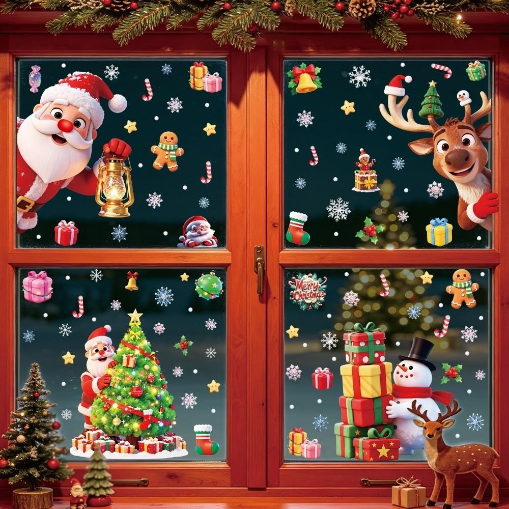 Snowflake Santa Snowman Cartoon Santa Glass Decals Decorative Static Sticker Party Supplies
