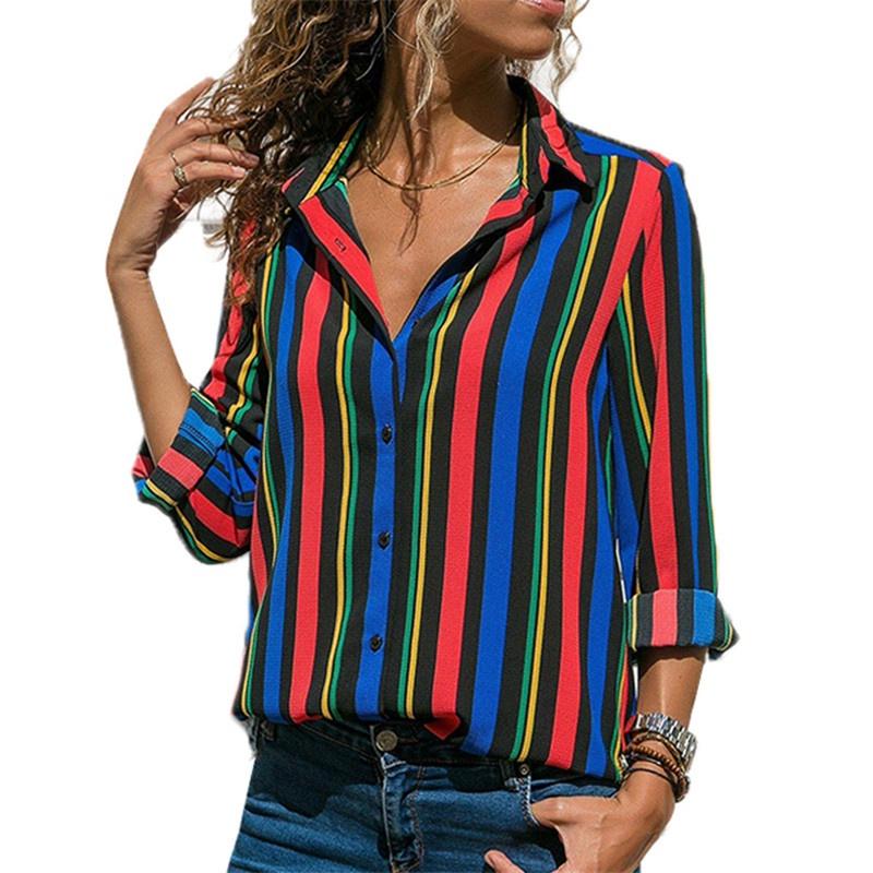 Elegant Women Autumn Striped Floral Button V Neck Long Sleeve T Shirt Casual Blouse
