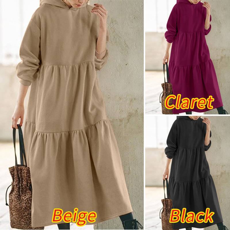 Solid Color Sweatshirt Long Dress Women Vintage Women Loose Long Sweatshirt