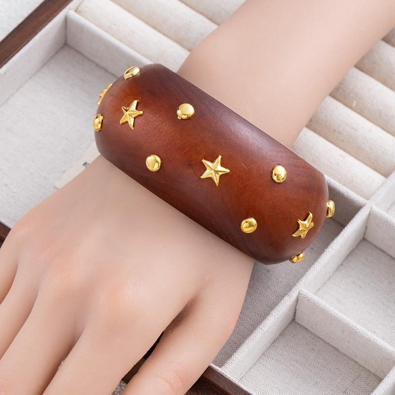 American Vtage Wooden Star Bracelet Female Exaggerated Spice Girl Wide Bracelet Spring Summer Bohemian Bracelet