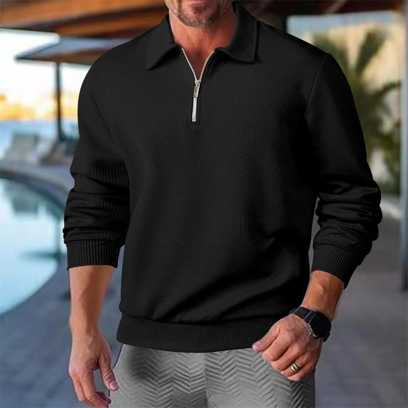 Men's Autumn Winter New Style Solid Color Minimalist Stand-Up Collar Jacquard Thermal Zip Sweatshirt - Casual Versatile Pullover