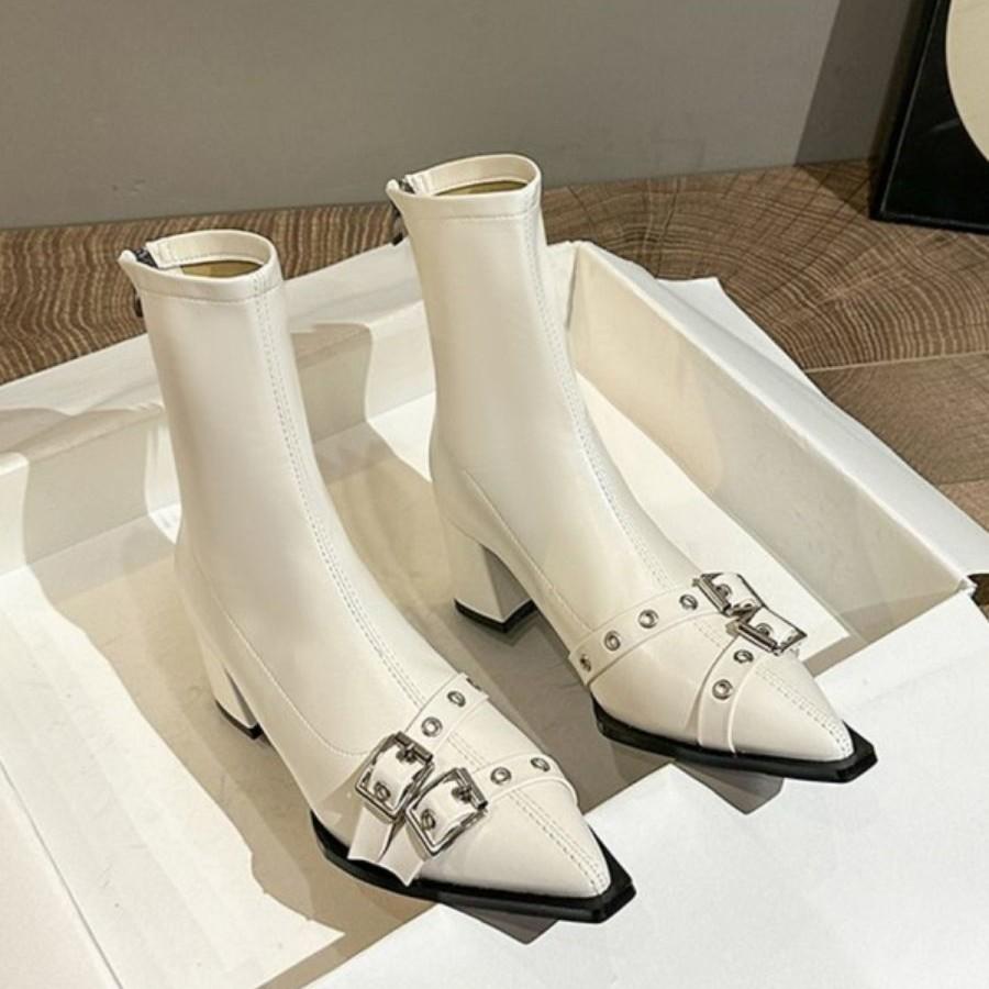 Pointed Short Boots Women's Belt Buckle Thin Boots 2025 Autumn and Winter New European and American Style High Heel Rear Zipper Martin Boots Thick Hee