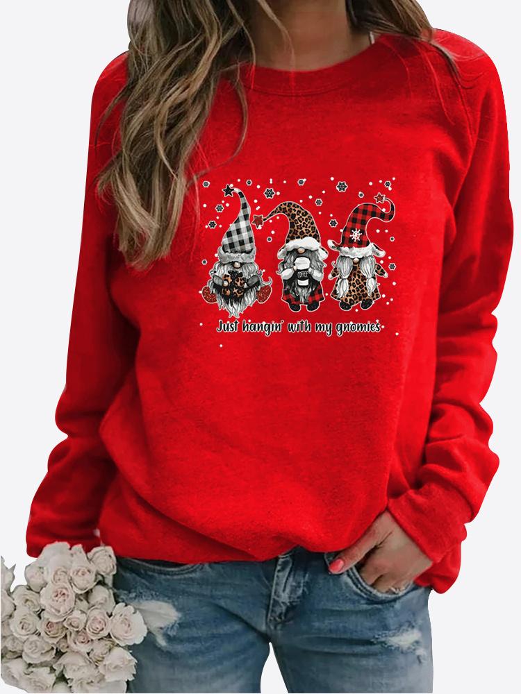 Women's Christmas Present Autumn and Winter Round Neck Casual Fashion Solid Color Long Sleeve Print T-shirt Loose Blouse Tops