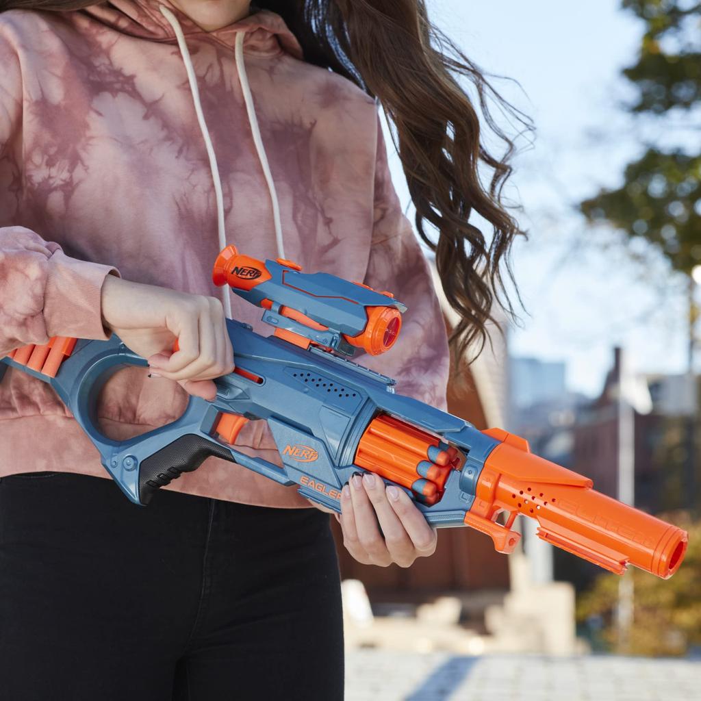 Hasbro Nerf Elite Eagle Point Pistolet na strzałki z lunetą Nerf Bolt Zabawka zewnętrzna dla chłopców i dziewcząt Wiek 2.0 RD-8 Bębenek na 8 strzałek, & Zbiornik, Akcja, 8+