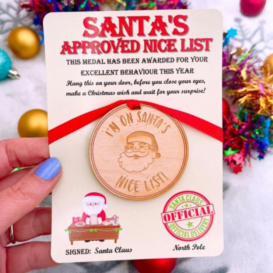 1/2/3Pcs Santa's Nice List Medal I'M ON SANTA'S NICE LIST Wooden Medal with Red