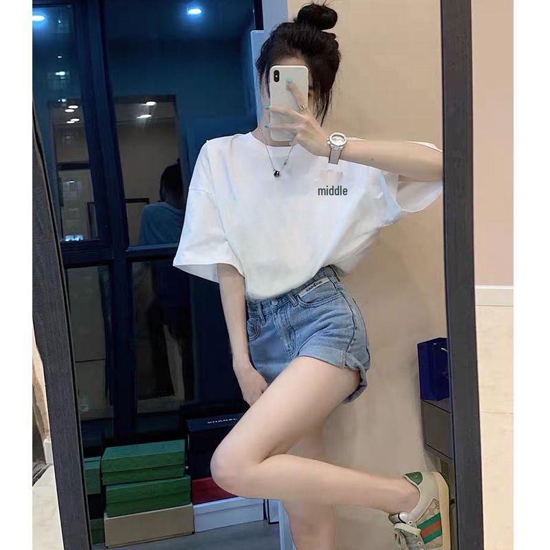 

2025 Women’s Korean Style Loose Fit White Cartoon Print Round Neck Half-Sleeve Pure Cotton T-Shirt 3XL