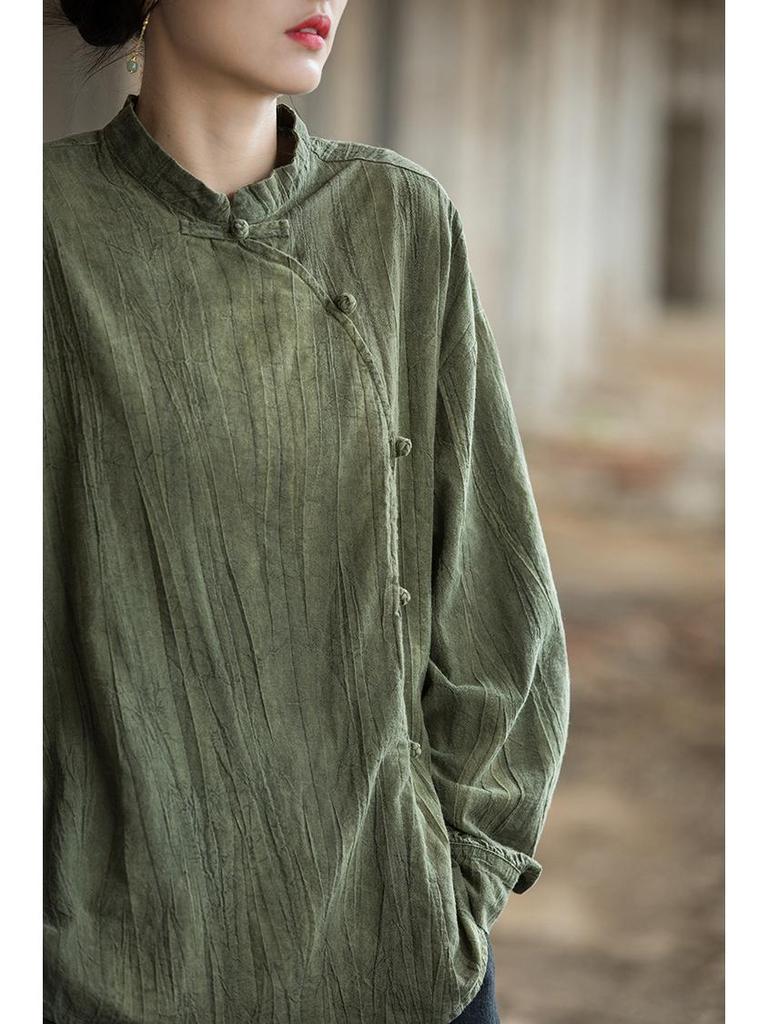 Women's Long-Sleeve Hand-Dyed Ramie Cotton Top with Button Accents - Spring Sun Protection