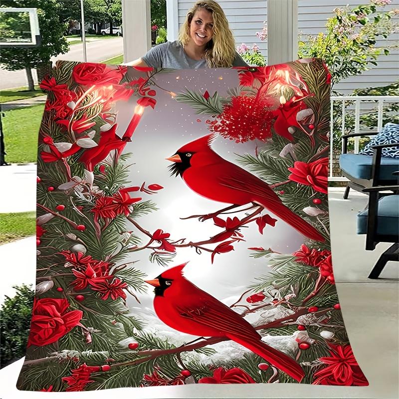 1pc Cozy Winter Christmas Red Bird on Branch Themed Pattern Printed Flannel Blanket, Soft And Warm, Perfect Gift for Holiday Mem
