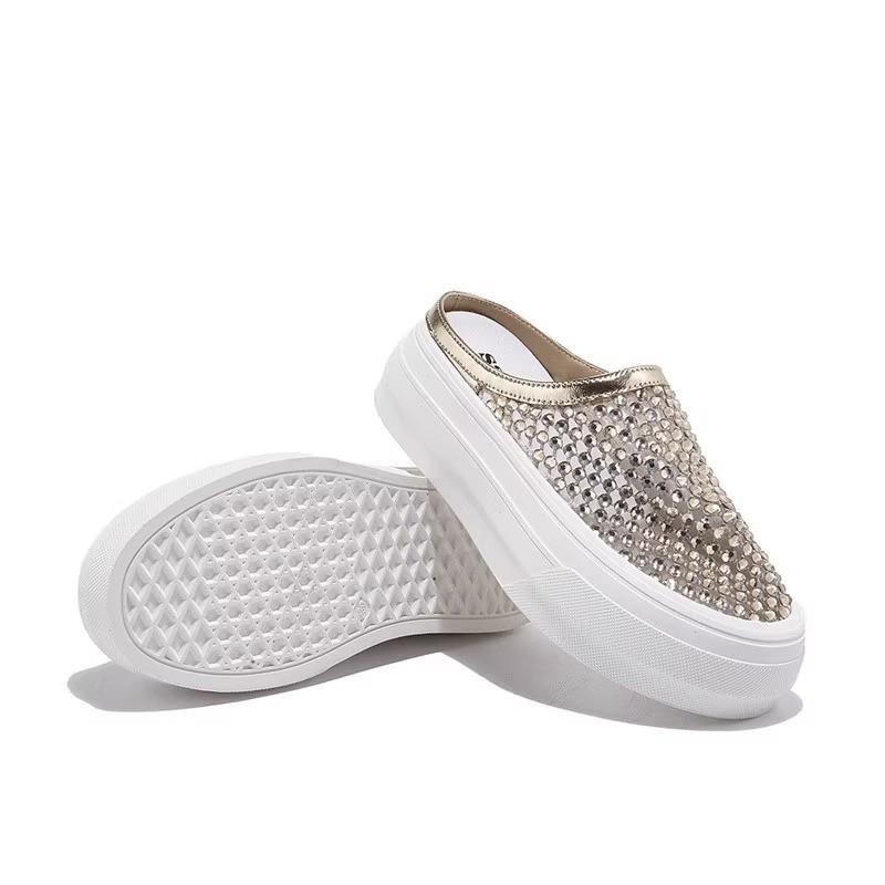 Fashion Rhinestone Woven Baotou Half Slippers Women's Outside Wear Summer New Round Toe Platform Fashion Sandals and Slippers