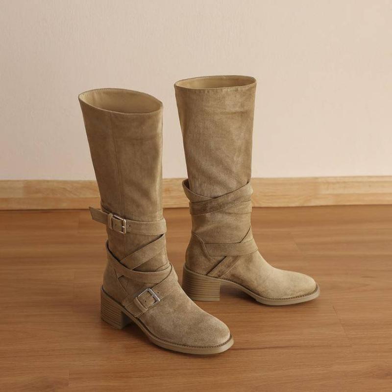 

Autumn and winter versatile medium heel Martin boots women s leather comfortable sleeve square heel round head new soft-soled cowhide high boots 39