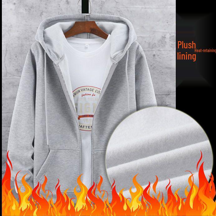 Pánský kardigan na zip s kapucí a fleecovou podšívkou v korejském stylu - Trendy volný střih plus size pro podzim a zimu