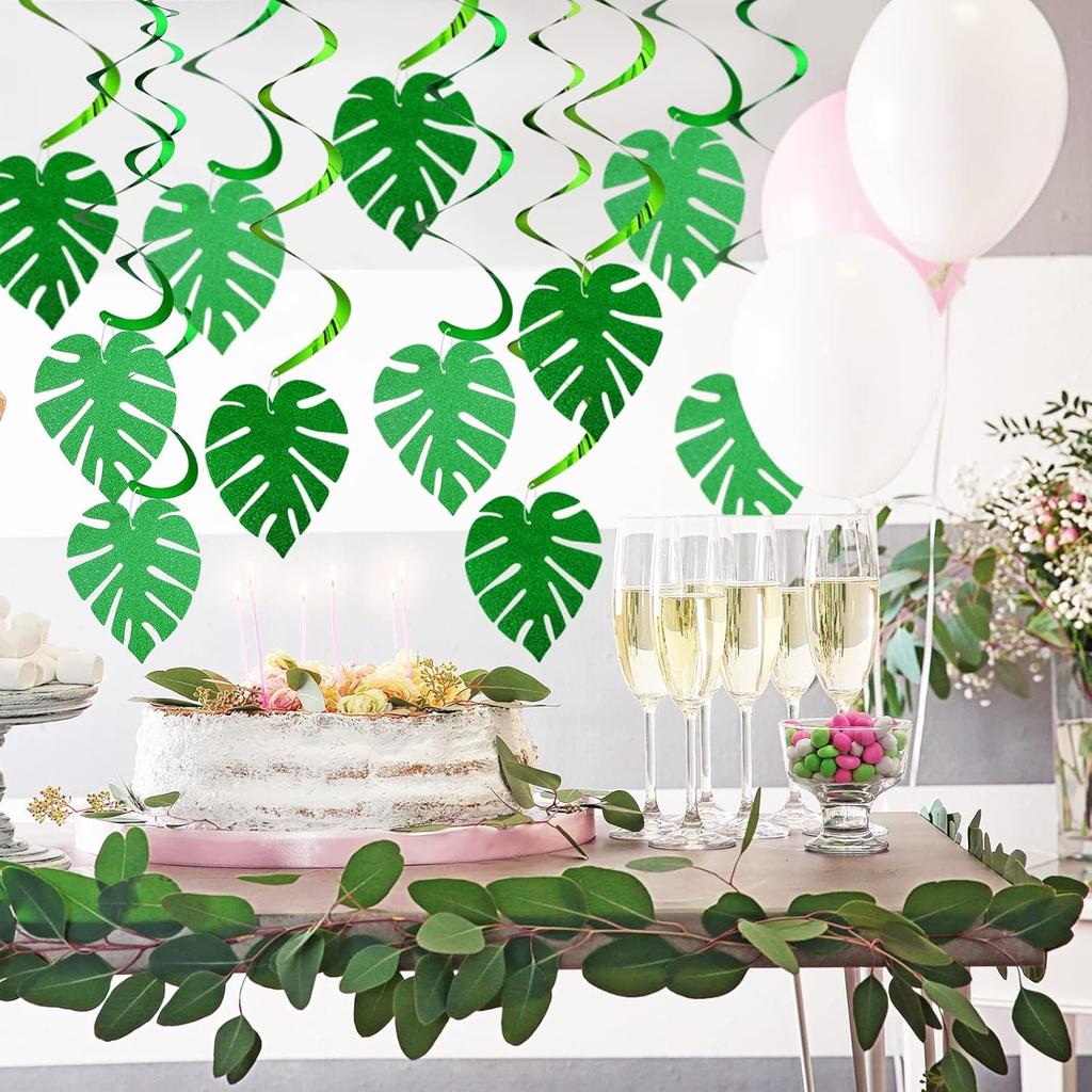 32 Pcs Hawaiian Luau Party Palm Leaves Swirl Decorations Hanging Ceiling Green Decoration Tropical Party for Summer Baby Shower Birthday Supplies