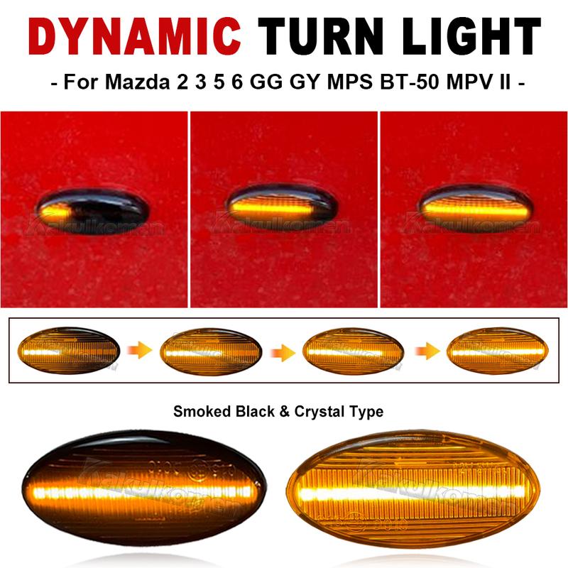 2piece LED Side Indicator Repeater Turn Signal Blinker Lamp For Mazda 2 3 5 6 GG1 GY BT-50 MPV II Smoked Clear Dynamic Lights