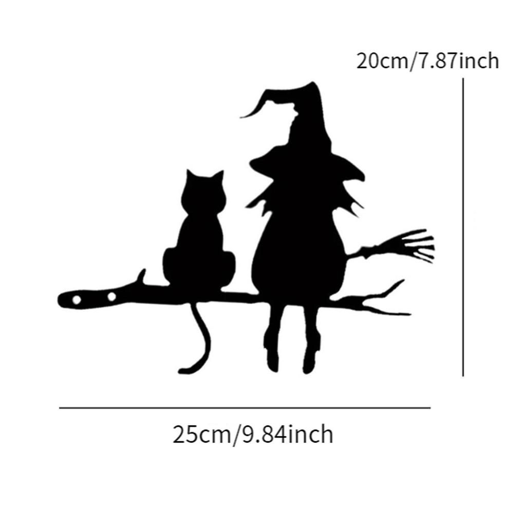 Wall Art Metal Silhouette Witch and Cat Tree Ornament for Fence Garden Lawn