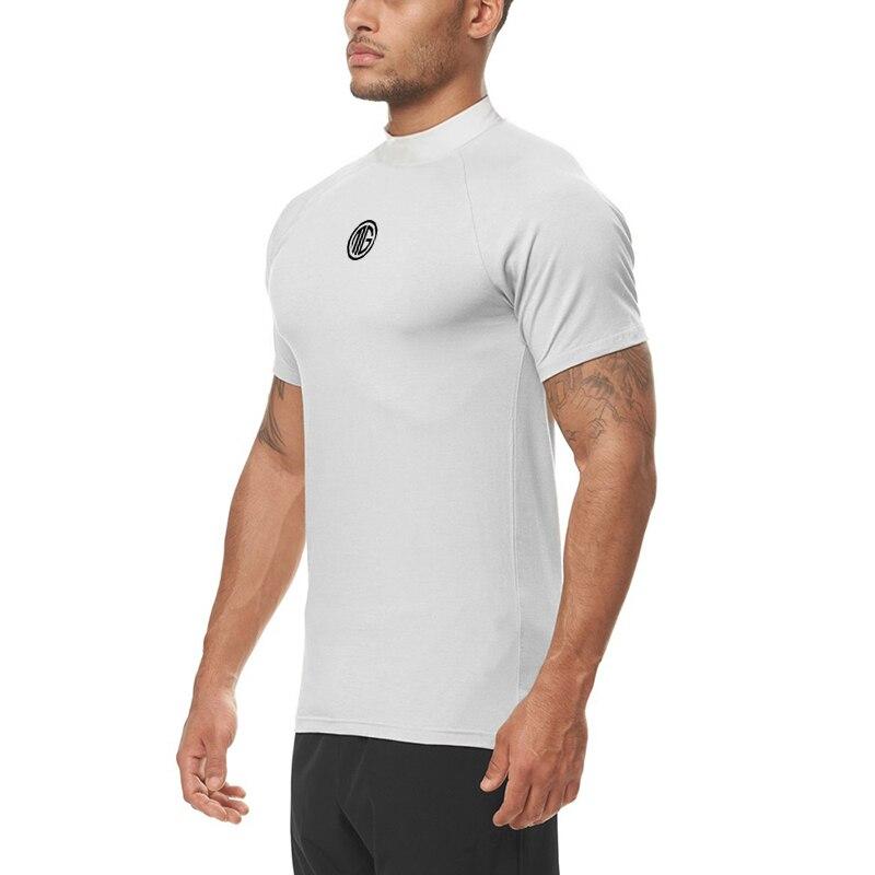 Muscleguys Men's Fitness Semi-high Neck Elastic T-shirt Summer Slim Fit Short Sleeve Streetwear